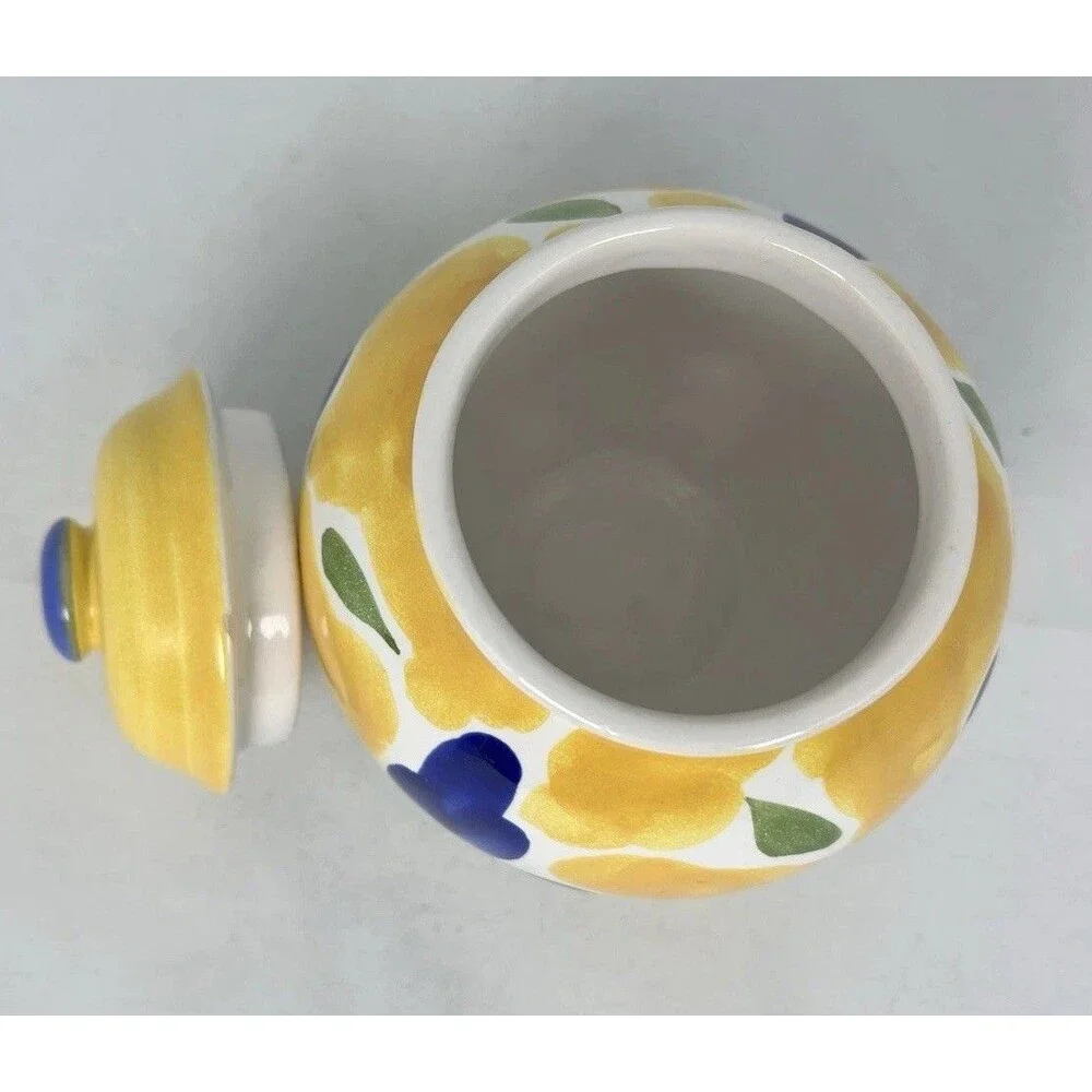 Dansk Portugal Hand Painted St Tropez Sugar Bowl & Lid Yellow Blue Flower EUC